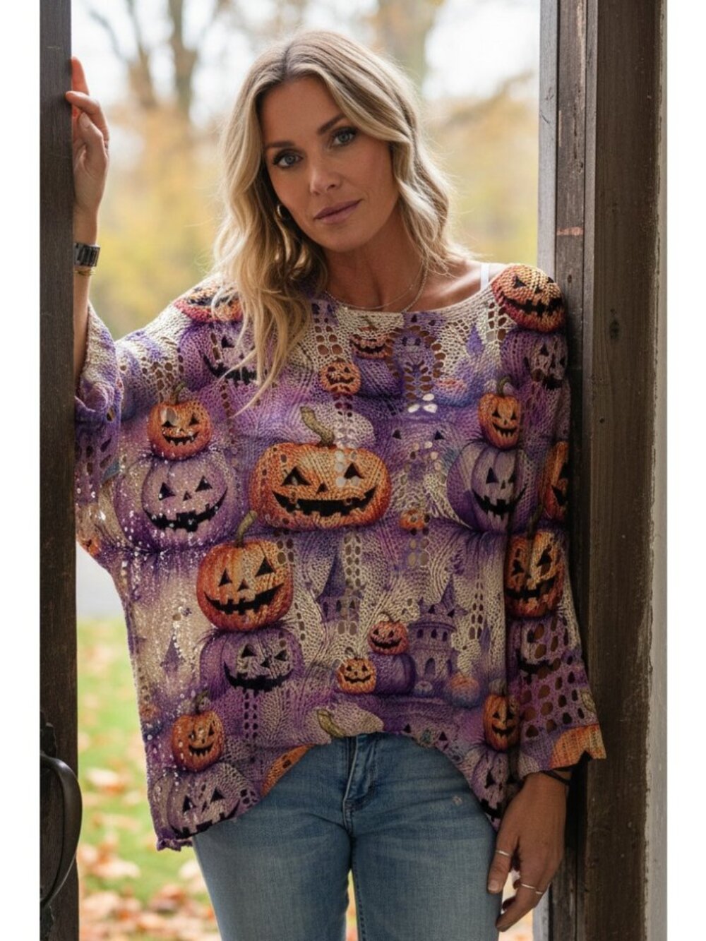 Crochet Openwork Halloween Pumpkin Jack-O-Lantern Colorful Knit Oversize Sweater